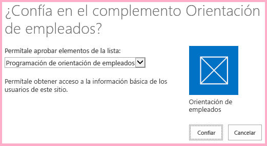 Petición de consentimiento para el complemento de SharePoint con una descripción breve de los permisos que necesita el complemento y los botones “Confiar” o “Cancelar”.