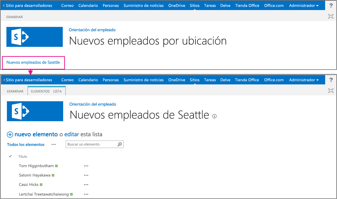 La página predeterminada del complemento se muestra con su título Nuevos empleados por ubicación. Hay un vínculo con la etiqueta Nuevos empleados de Seattle. Una flecha parte desde este vínculo y señala a la página de vista de listas para la lista. El título de la página es Nuevos empleados de Seattle, con la lista debajo del título.