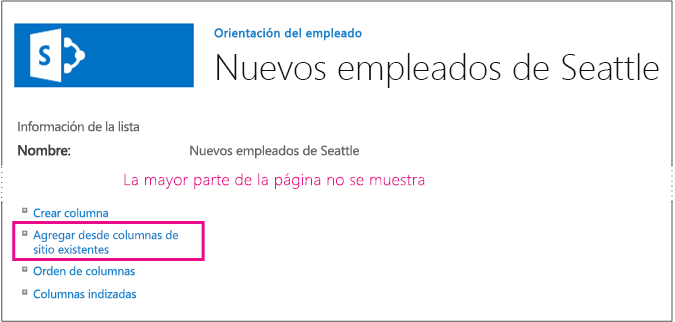 La página de configuración de instancia de lista con el vínculo para “Agregar columnas desde sitio” resaltado.