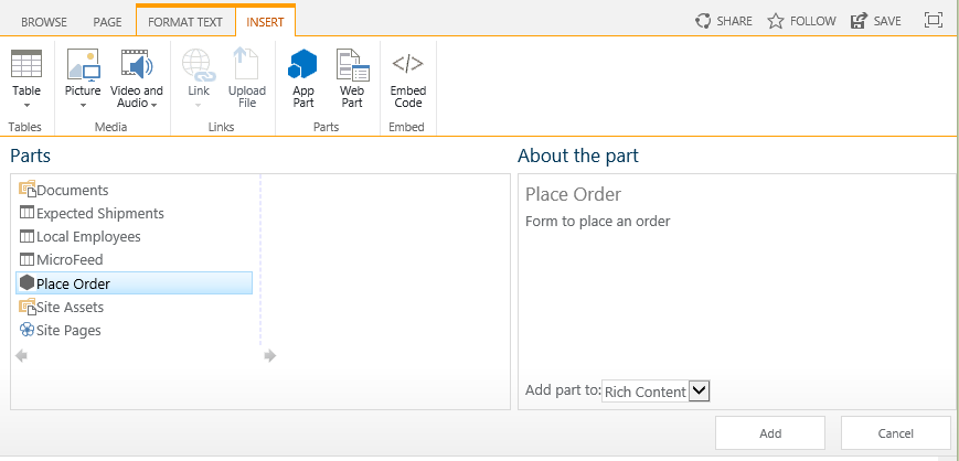 Control de inserción de elementos web de SharePoint. El elemento denominado “Realizar pedido” está resaltado. Su nombre y descripción aparecen en un cuadro a la derecha.