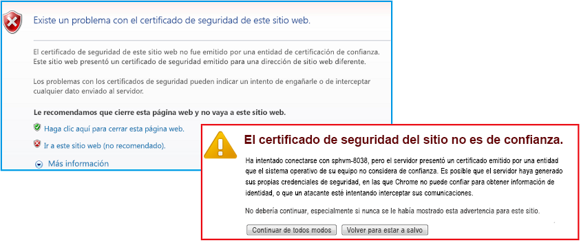 Advertencias de IE y Chrome para certificado autofirmado