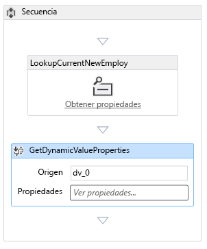 El Diseñador de flujo de trabajo con dos actividades: “Búsqueda de elementos de lista” y “Obtener valores dinámicos”.