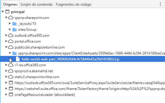 Agrupación de elementos web HelloWorld procedente de la URL de red CDN pública en la pestaña orígenes de las herramientas para desarrolladores de Chrome