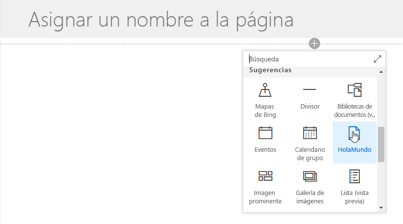 Elemento web HelloWorld visible en el selector de elementos web de la página moderna