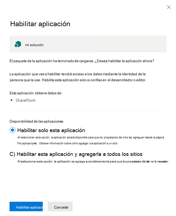 Elemento emergente de instalación del Catálogo de aplicaciones para la solución SPFx