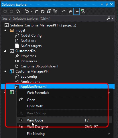 Menú contextual de manifiesto de la aplicación de Visual Studio