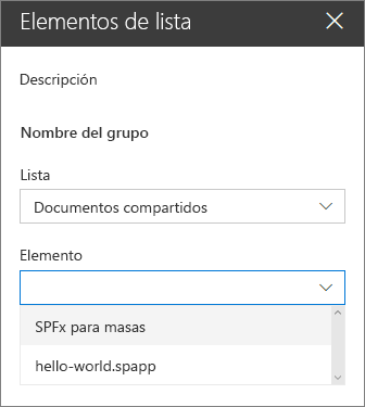 Seleccionar un elemento de lista en el desplegable de elementos en el panel de propiedades del elemento web