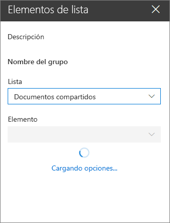 Menú desplegable de elementos en el que se cargan los elementos disponibles después de seleccionar una lista en el menú desplegable de lista