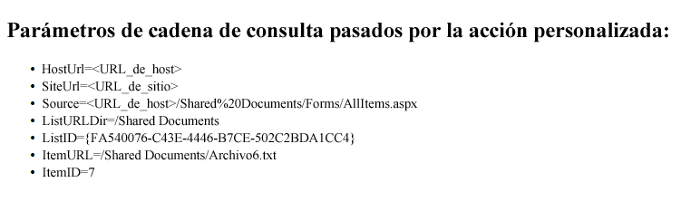 página web con parámetros de una acción personalizada