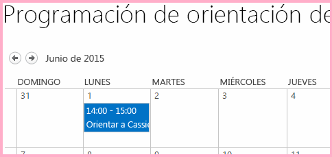 Calendario denominado “Programa de orientación para empleados” con un elemento con fecha del 1 de junio denominado “Orientar a Claudia Olivares”