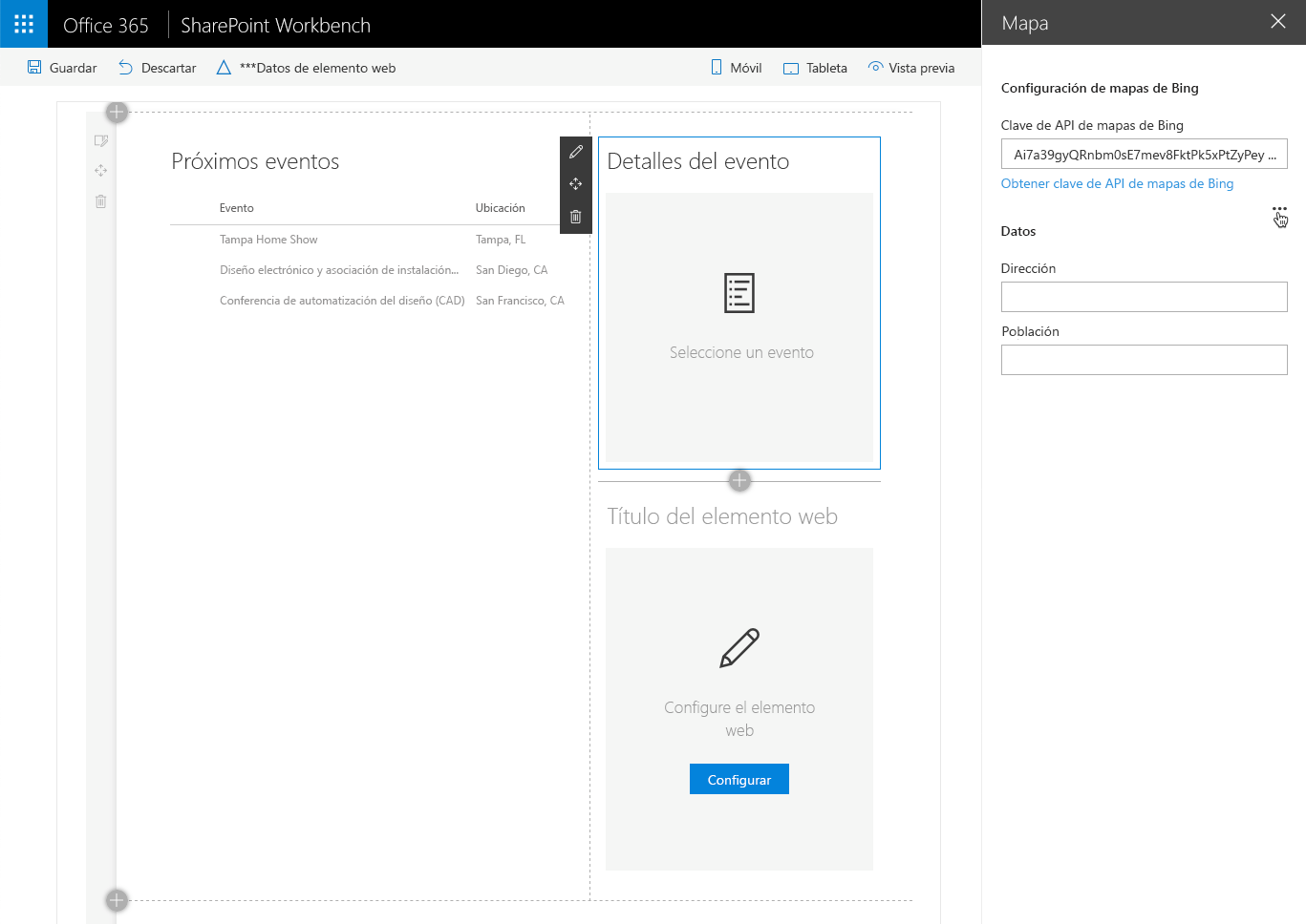 Puntero de ratón sobre los puntos suspensivos en el panel de propiedades del elemento web utilizado para conectar un elemento web de SharePoint Framework a un origen de datos dinámicos