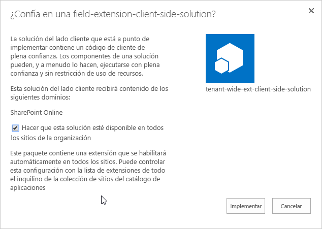 Paquete de SharePoint Framework de confianza implementado en el catálogo de aplicaciones del espacio empresarial