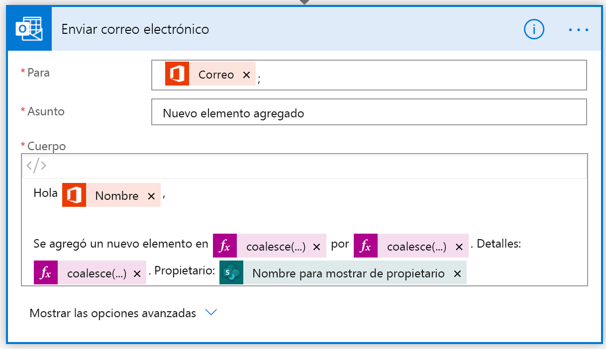 Diseñador de flujo: agregar contenido dinámico de propietario (cuerpo)