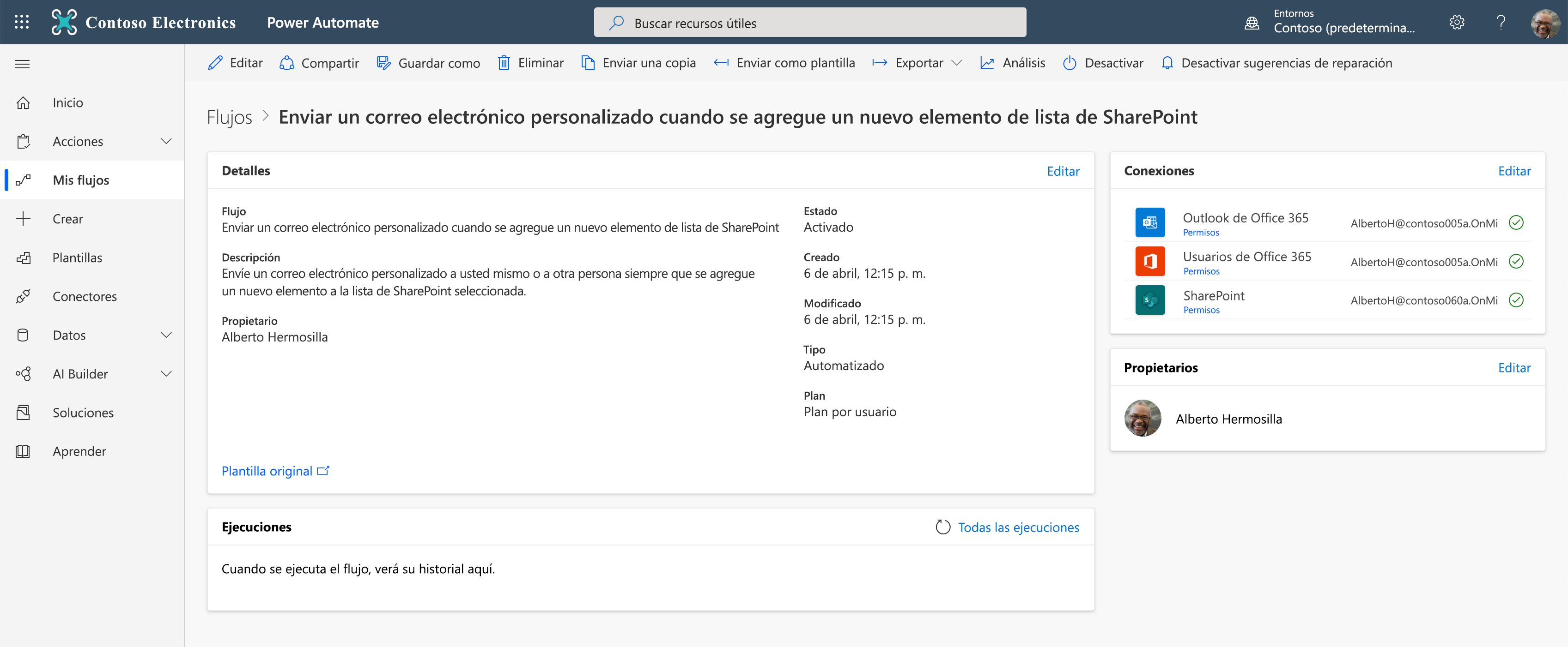 Diseñador de flujo: envío de correo electrónico cuando se agregue un elemento en una lista (detalles)