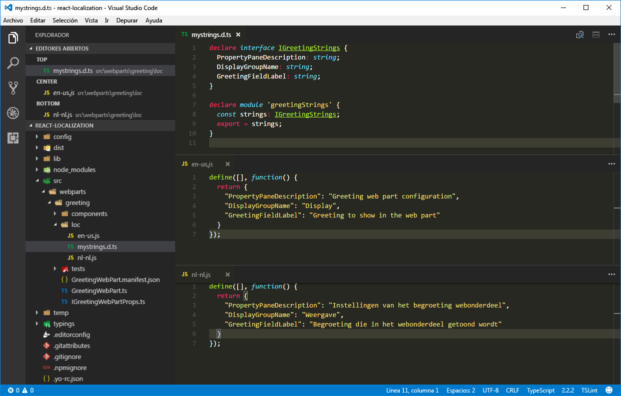 Archivo de definición del tipo TypeScript para la localización y archivos de configuración regional para inglés (EE. UU.) y neerlandés (Países Bajos) abiertos en Visual Studio Code en paralelo