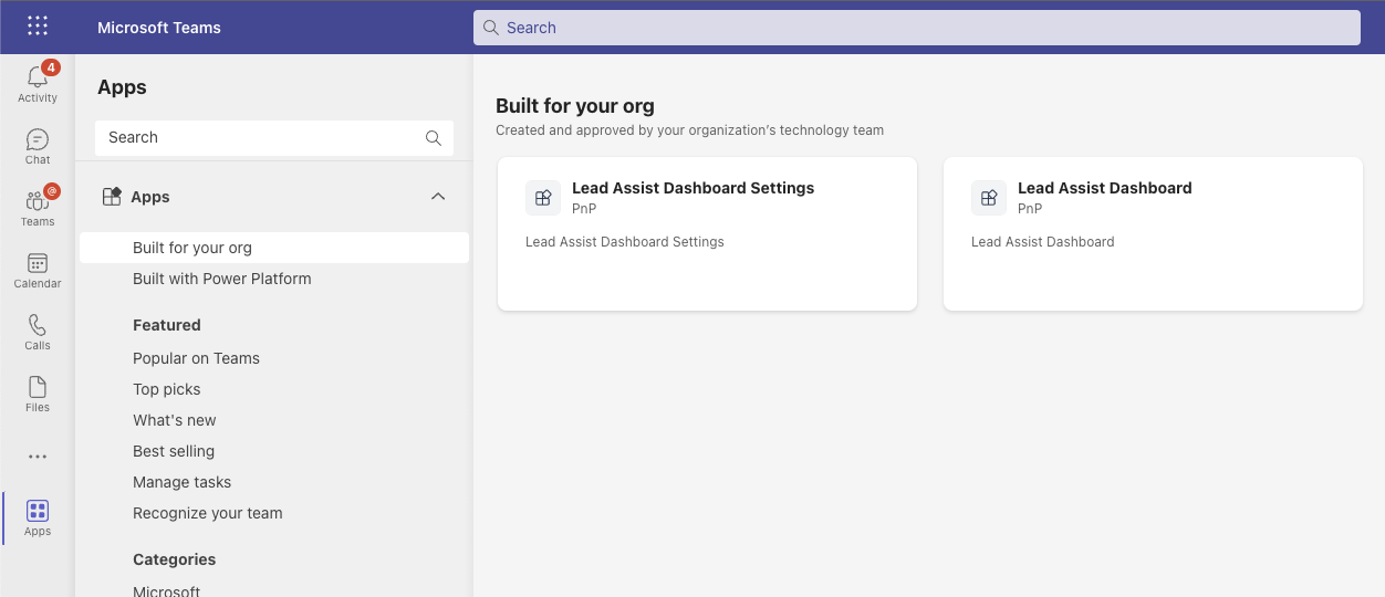 Panel del Asistente para clientes potenciales de Microsoft Teams: Opciones de incorporación de aplicaciones de Teams