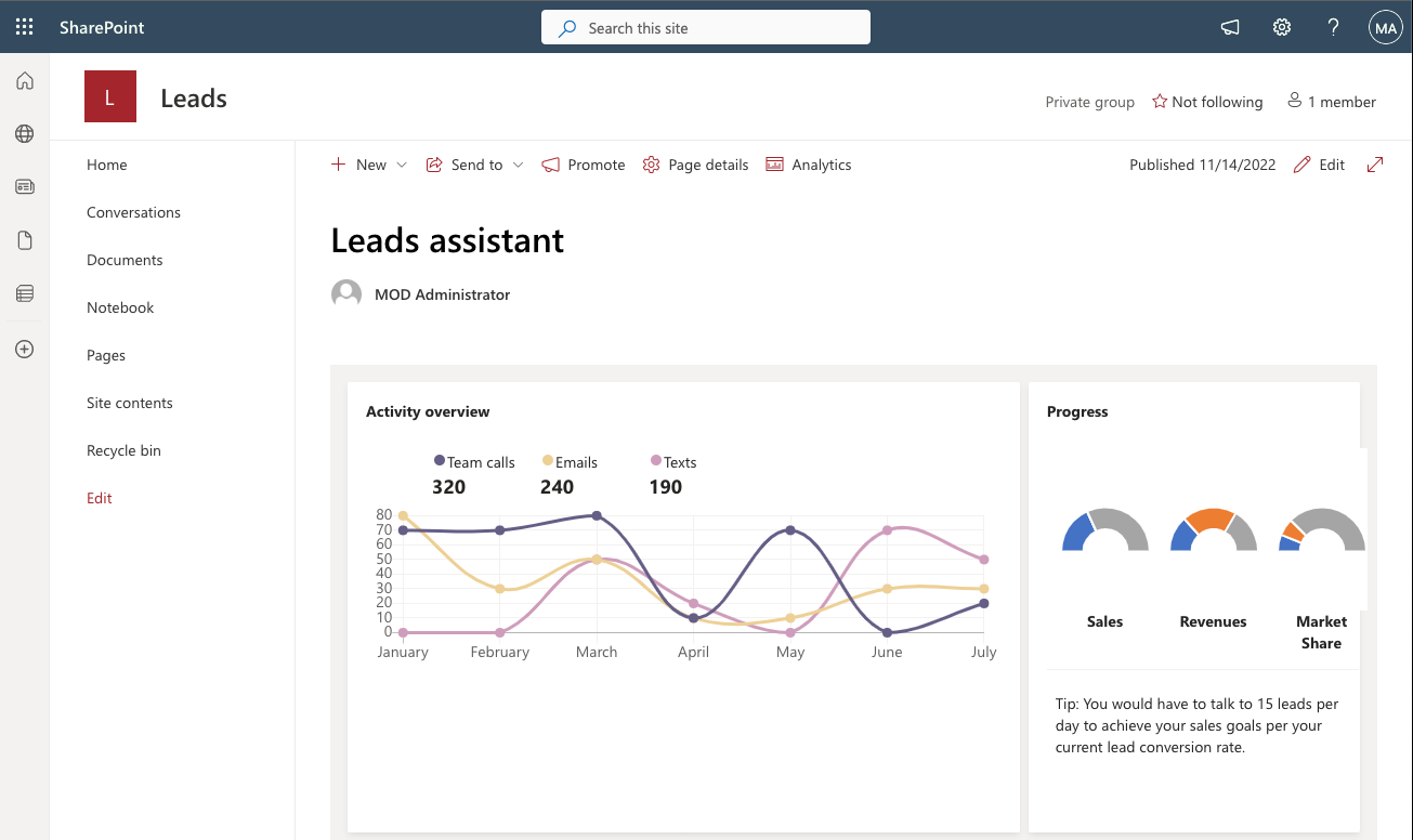 Panel del Asistente para clientes potenciales de Microsoft Teams en SharePoint