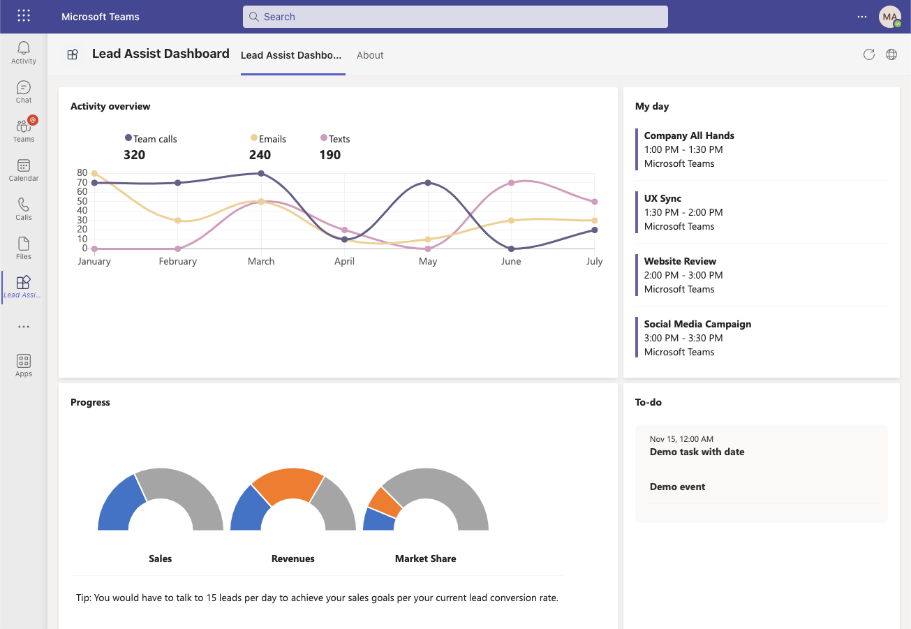 Aplicación de ejemplo de Microsoft Teams: Panel de asistencia para clientes potenciales