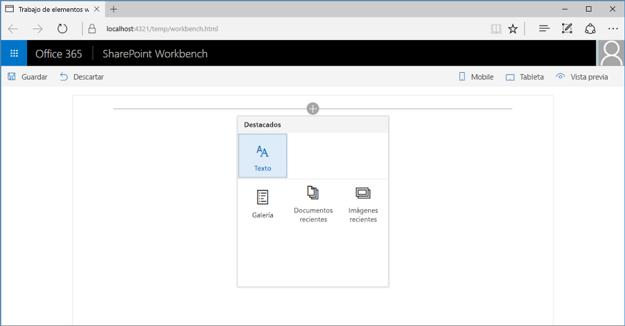 Cuadro de herramientas del elemento web que muestra la versión preconfigurada de tres elementos web