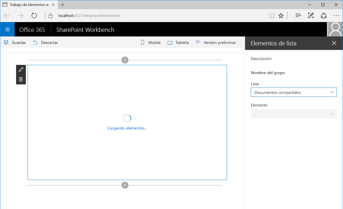 Desplegable de elementos deshabilitado y marcador de posición de un elemento web que comunica la lista actualizada de opciones de elementos que se está cargando