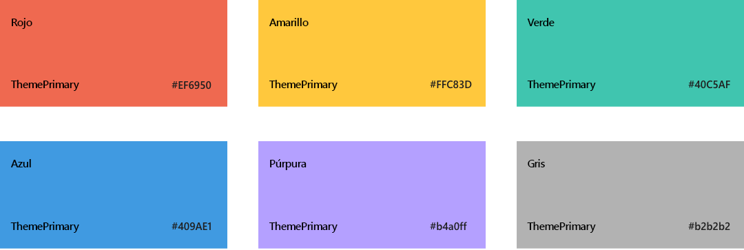 Paleta de colores para temas oscuros de SharePoint, Rojo EF6950, Amarillo FFC83D, Verde 00b294, Azul 3a96dd, Púrpura 9c89e9 y Gris b1adab.