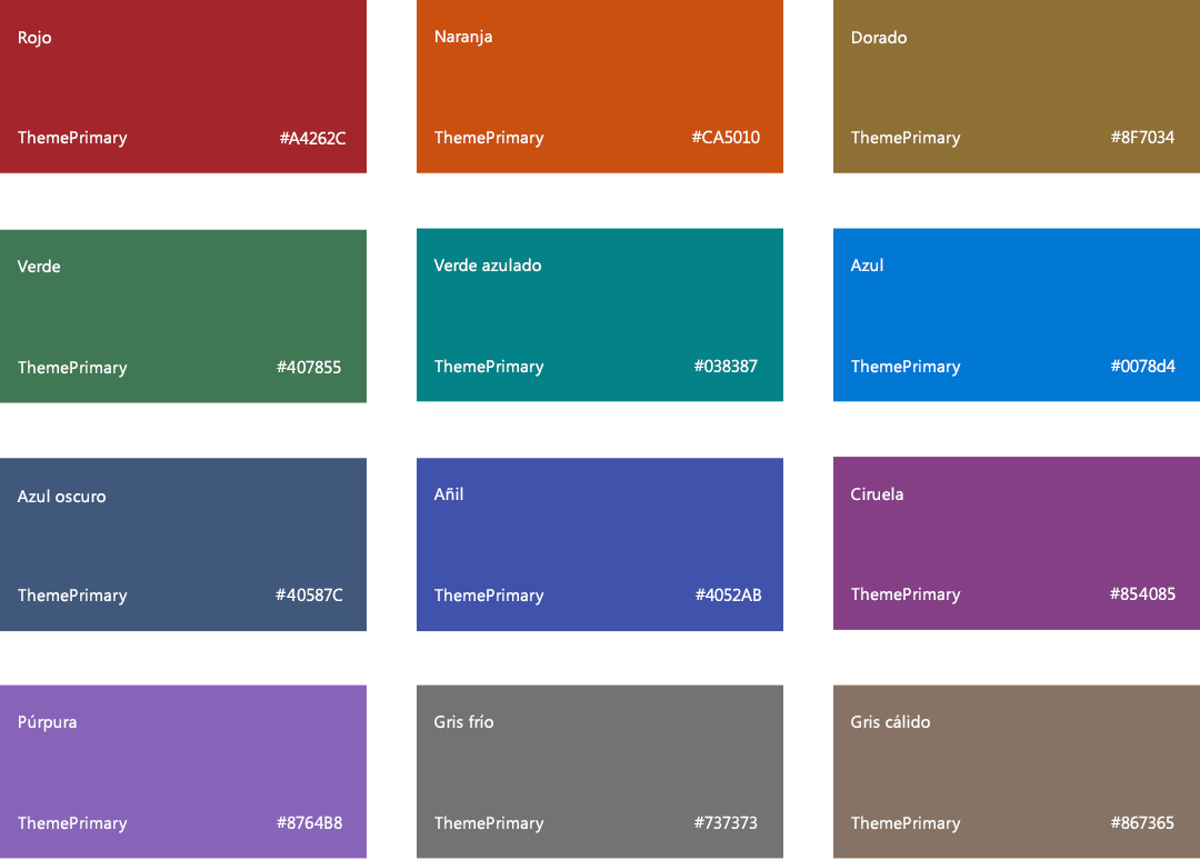 Paleta de colores de SharePoint, Rojo A4262C, Naranja CA5010, Dorado 986f0b, Verde 498205, Verde azulado 038387, Azul 0078d4, Azul oscuro 004e8c, Añil 4f6bed, Ciruela 881798, Púrpura 8764B8, Gris frío 69797e, Gris cálido 7a7574