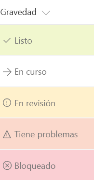 Campo de estado con “Listo” en color verde, “Bloqueado” en color rojo y “En revisión” en color naranja