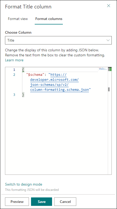 Panel de formato de columna con espacio para pegar o escribir formato de columnas JSON y opciones para previsualizar, guardar y cancelar