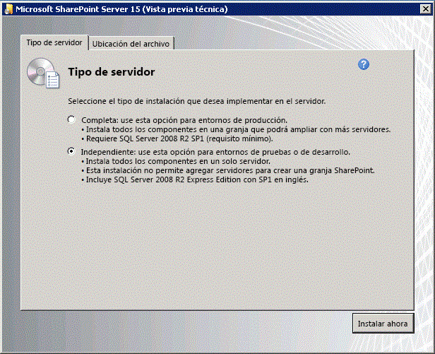 Tipo de servidor de instalación de SharePoint