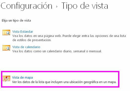 Selección de la vista de mapa de la lista de tipos de vista