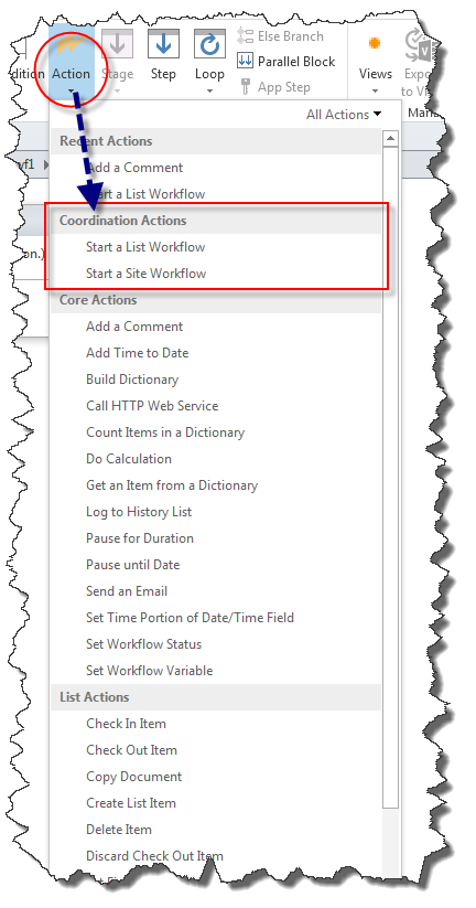 Acciones de coordinación en SharePoint Designer