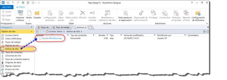 Plantilla de flujo de trabajo en Activos del sitio