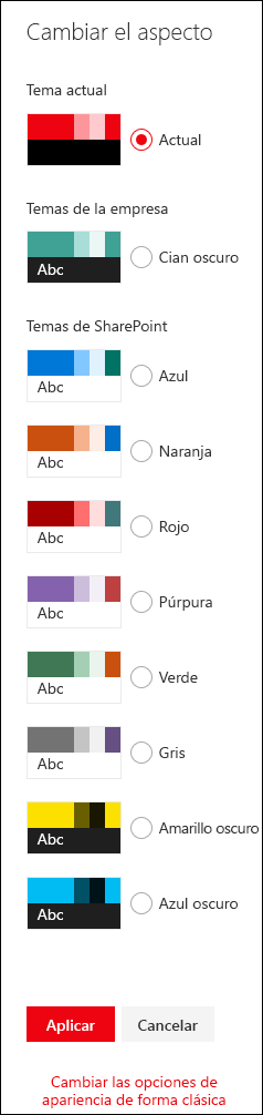 Imagen en la que se muestra una lista de temas predeterminados y oscuros (invertidos)