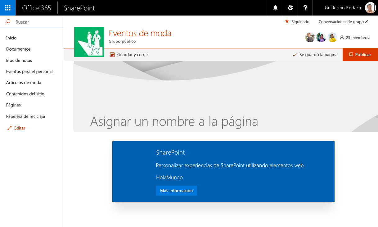 Elemento web del lado cliente de SharePoint Framework con la combinación de colores en tonos azules en un sitio de grupo moderno con el tema rojo