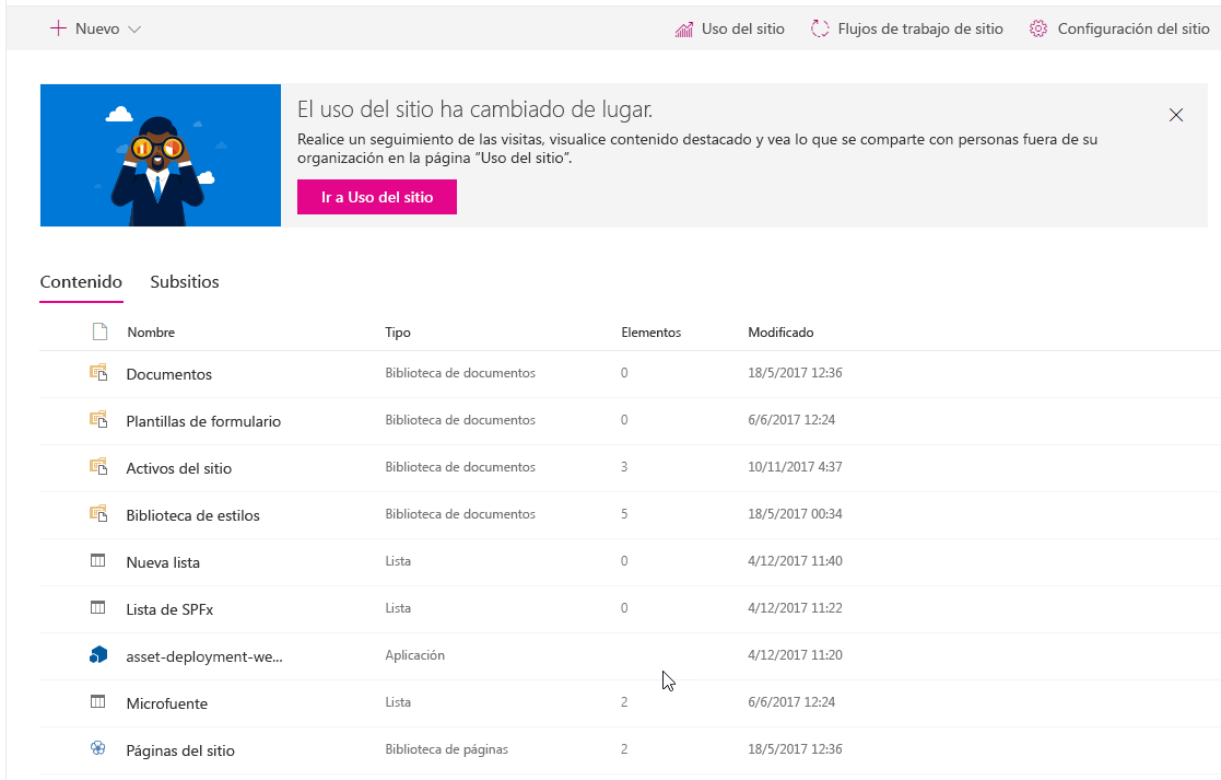 Página de contenidos del sitio con nueva lista en proceso de creación