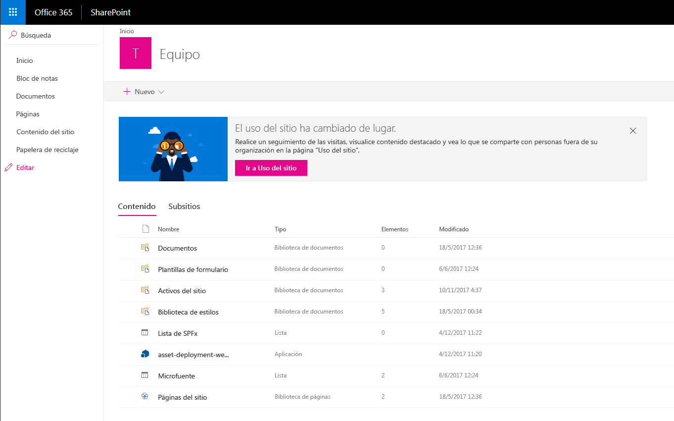 Nueva lista de SPFx y aplicación visibles en la página de contenidos del sitio después del aprovisionamiento de la solución