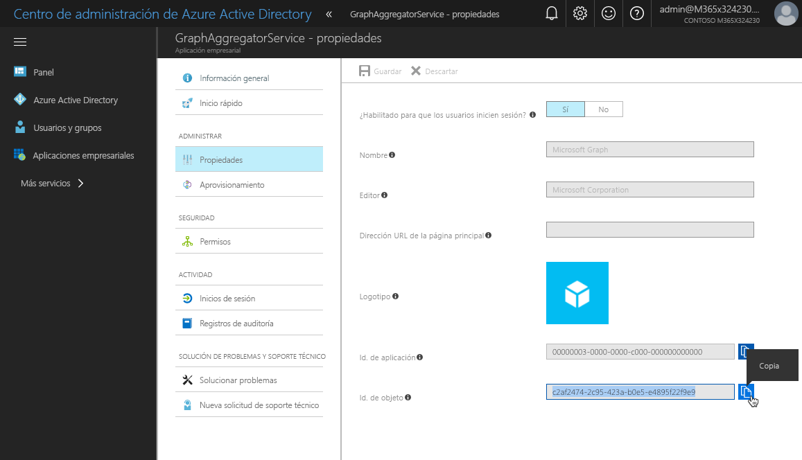 El valor de la propiedad “Id. de objeto” copiado al Portapapeles en el portal de Azure AD