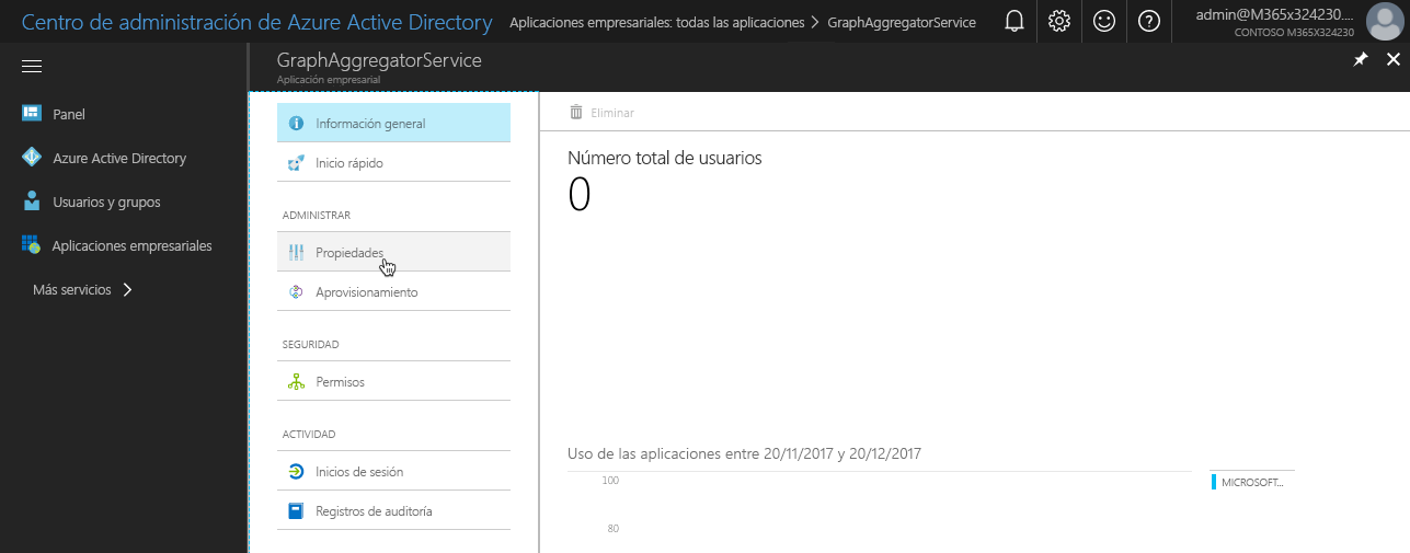 El vínculo “Propiedades” resaltado en la hoja de aplicaciones del portal de Azure AD