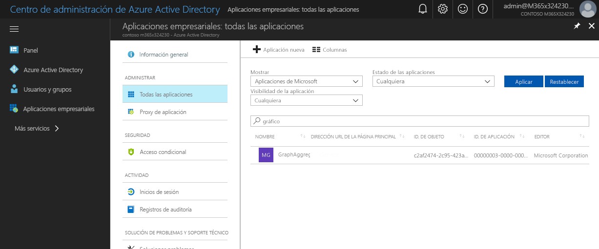 Búsqueda de “Graph” en la lista de aplicaciones de Azure AD disponibles en el portal de Azure AD