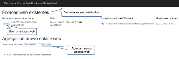 Aplicación de la implementación de referencia de webhooks de SharePoint