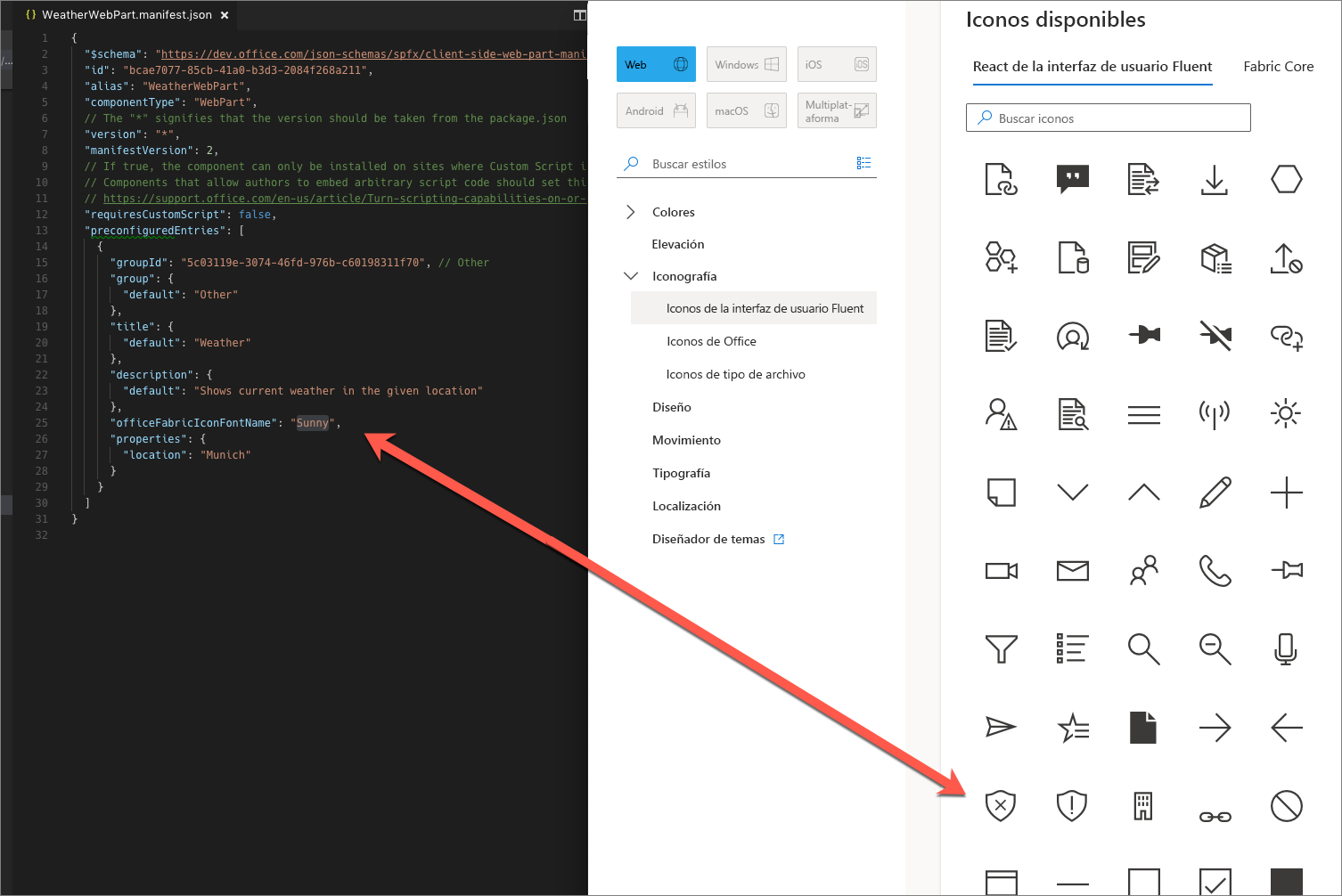 Flecha que apunta desde el nombre del icono en la página de información general de iconos de la interfaz de usuario de Fluent al código de manifiesto del elemento web