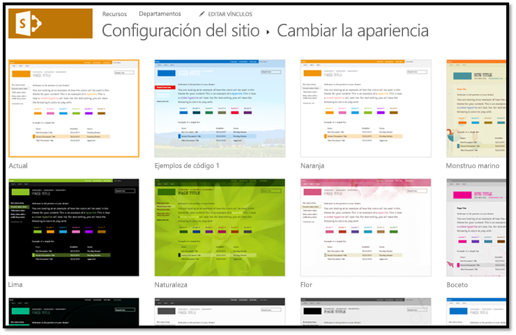 Captura de pantalla que muestra las apariencias compuestas que están disponibles en Configuración del > sitio Cambiar el aspecto