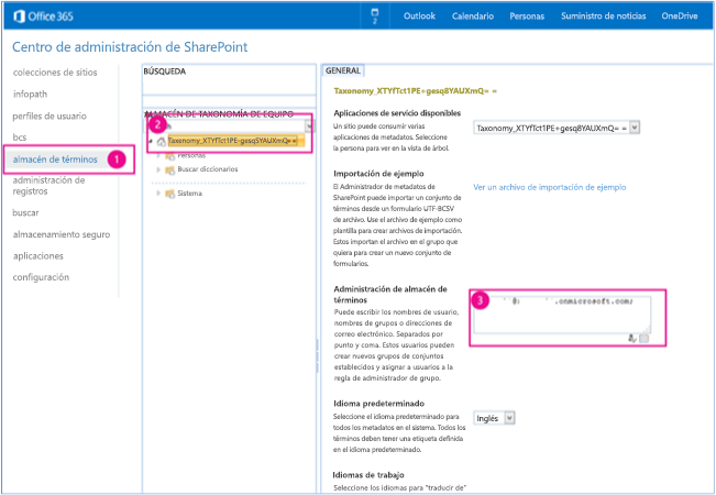 La captura de pantalla del Centro de administración de SharePoint con el almacén de términos, el cuadro de búsqueda del almacén de términos y los cuadros de administradores del almacén de términos destacados.