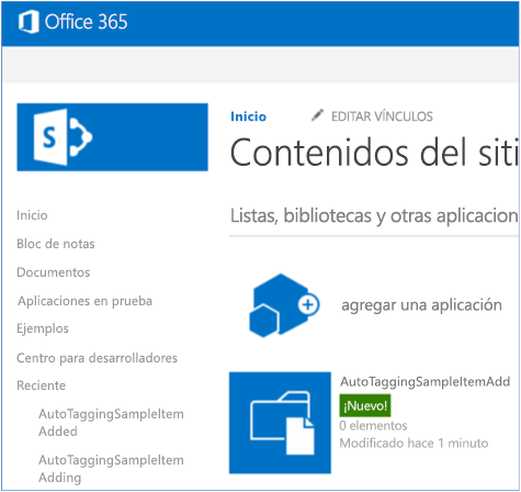 Captura de pantalla que muestra la página Contenidos del sitio con la nueva biblioteca de documentos de AutoTaggingSampleItemAdd.