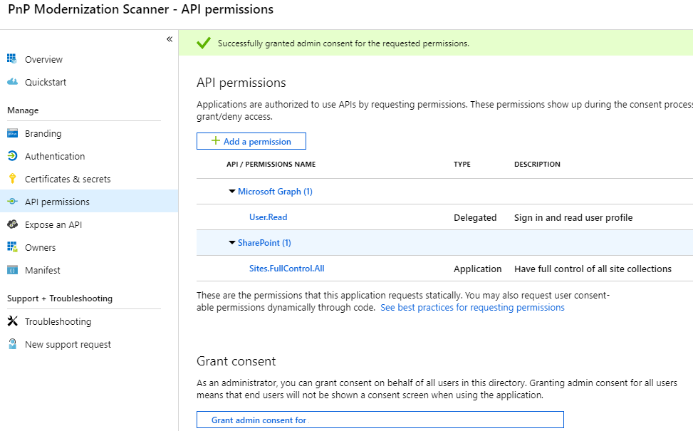 concesión de permisos de API a una aplicación de Azure Ad