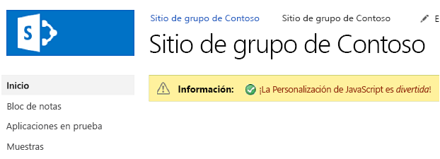 Barra de estado que se agrega a todas las páginas del sitio de SharePoint