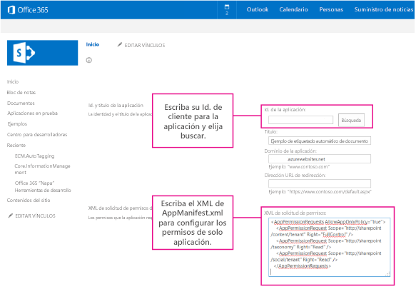 Captura de pantalla de la página AppInv.aspx, con los cuadros ID de la aplicación y XML de solicitud de permiso resaltados.