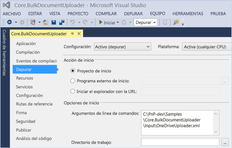 Captura de pantalla del panel de propiedades de Core.BulkDocumentUploader con Depurar resaltado.