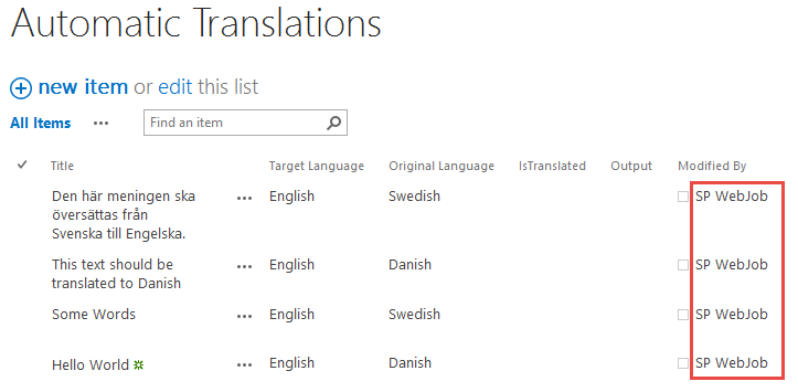 El registro de traducción automática muestra cuatro traducciones de texto atribuidas a SP WebJob.