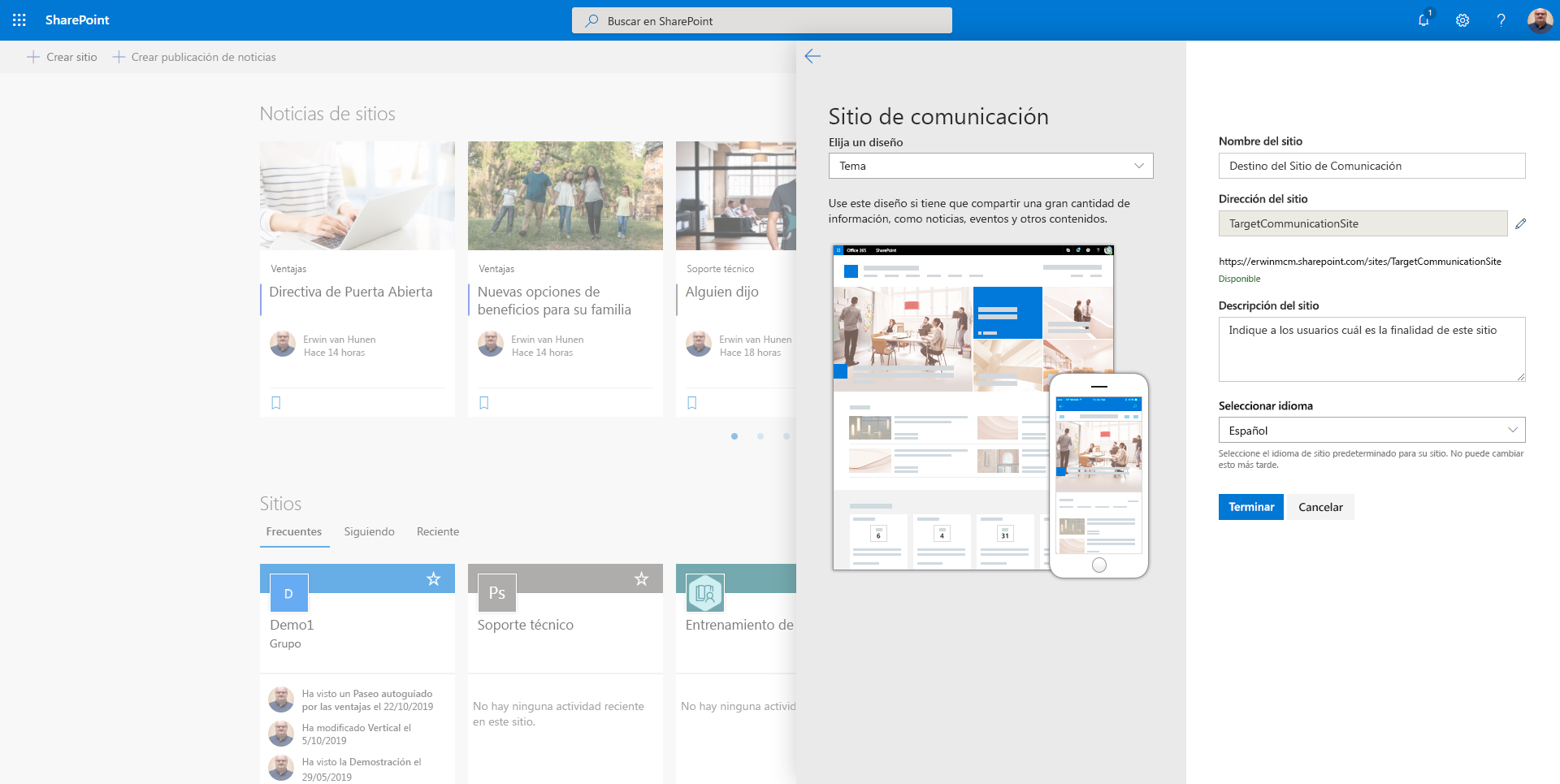 Página para crear una colección de sitios de SharePoint Online